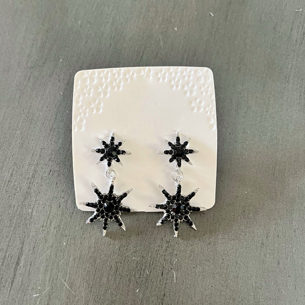 Black Allover Rhinestone 2 Tier Dangling Star Silver 1.5“ Earrings Holiday Gift